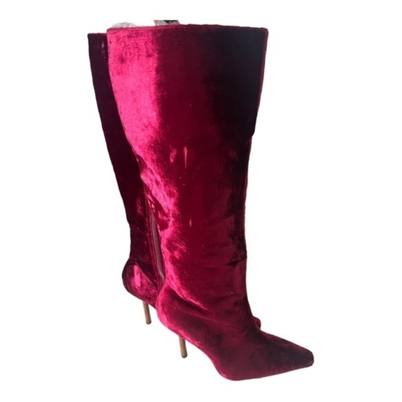 Colin Stuart Red Velvet Leather Mid Calf Pointed Toe Heel Boots Size 7M - Picture 7 of 16